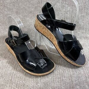 Kork Ease Black Patent Leather‎ Cork Wedge Sandals Buckle Ankle Strap Size 7